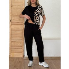 Ahes Shopping Kadın Bisiklet Yaka Kısa Kol Leopar Desen Bluz ve Pantolon Ikili Takım