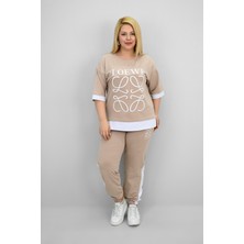 Kadın Büyük Beden Kısa Kollu Nakış Detaylı Garnili Eşofman Takımı 8192-25