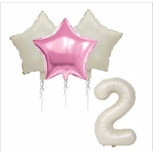 2 Yaş Bej Renk Folyo Balon, 1 Adet Pembe, 2 Adet Bej Yıldız Folyo Balon
