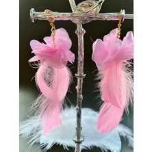 Tül Çiçekli Kuş Tüylü Altın Kaplama Malzemeli Kararmaz Küpe Çift Party, Düğün, Nişan ve Özel Günler