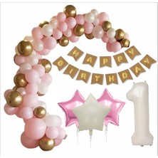 1 Yaş Kraft Gold Banner, 30 Adet Pembe, Gold, Beyaz Balon 2 Pembe 1 Bej Yıldızlı Doğum Günü Seti