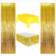 4 Parça Sarı Masa Örtüsü, Gold Masa Eteği, 2 Adet Gold Arka Fon