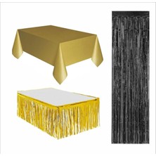 3 Parça Gold Masa Örtüsü, Gold Masa Eteği,siyah Arka Fon