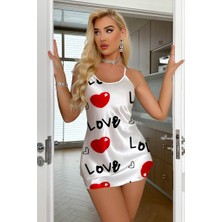 Beyaz Saten Love Desenli Gecelik