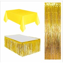 3 Parça Sarı Masa Örtüsü, Gold Masa Eteği, Gold Arka Fon