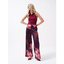 Bel Lastikli Desenli Saten Bordo Pantolon