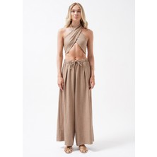 Düşük Bel Oversize Keten Bej Pantolon