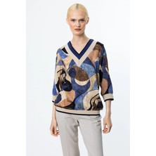 56370 Onteks V Yaka Ribanalı Desenli Bluz