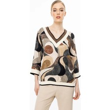 56370 Onteks V Yaka Ribanalı Desenli Bluz