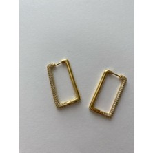 Zirkon Taşlı Dikdörtgen Gold Küpe