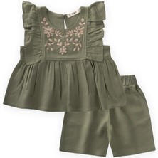 Robası Nakışlı Şortlu Keten Takım 2-7 Yaş Haki Yeşil