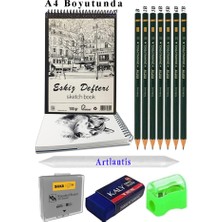 A4 120 gr Eskiz Defteri Telli 7 Adet Dereceli Kalem Çizim Seti Pastel Dağıtma Silgi Karakalem Eskiz Seti Kalemtraş