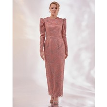 Taşlı Gigot Kol Abiye-Pudra