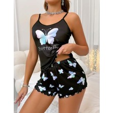 Siyah Üstüne Kelebek Desenli Askılı Şortlu Pijama Takımı