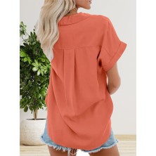 Ayena Moda Kadın Kısa Kollu V Yakalı Önden Düğmeli Dokuma Gömlek