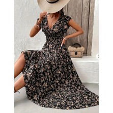 Ayena Moda Kadın Kısa Kollu Kruvaze Yaka Beli Lastikli Çiçek Desenli Elbise