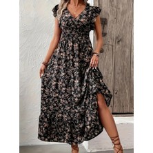 Ayena Moda Kadın Kısa Kollu Kruvaze Yaka Beli Lastikli Çiçek Desenli Elbise