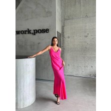 Ayena Moda Jakarlı Askılı Saten Elbise Asimetrik - Pembe
