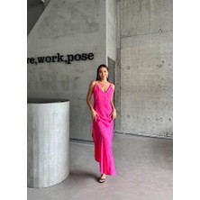 Ayena Moda Jakarlı Askılı Saten Elbise Asimetrik - Pembe