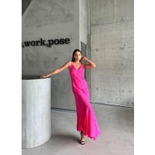 Ayena Moda Jakarlı Askılı Saten Elbise Asimetrik - Pembe