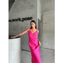 Ayena Moda Jakarlı Askılı Saten Elbise Asimetrik - Pembe