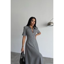 Ayena Moda Polyviskon Elbise Kısa Kol Yaka ve Fermuar Detaylı - Gri