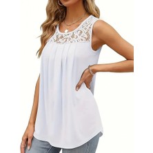 Ayena Moda Kadın Askılı Yuvarlak Yaka Dantel Detaylı Viskon Bluz