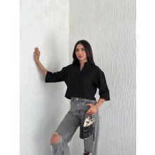 Ayena Moda Crop Yakalı Gömlek Üç Çeyrek Sleeve Kol - Siyah