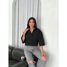 Ayena Moda Crop Yakalı Gömlek Üç Çeyrek Sleeve Kol - Siyah