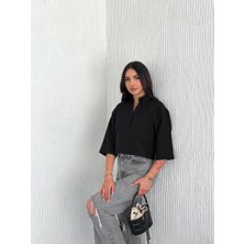 Ayena Moda Crop Yakalı Gömlek Üç Çeyrek Sleeve Kol - Siyah