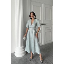 Ayena Moda Mint Işıltılı Kemerli Kruvaze Elbise