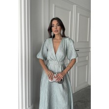 Ayena Moda Mint Işıltılı Kemerli Kruvaze Elbise