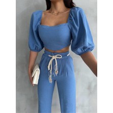 Ayena Moda Keten Crop Karpuz Kol Bluz-Pantolon Hasır Kemerli - Mavi