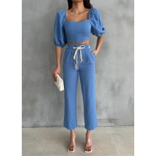 Ayena Moda Keten Crop Karpuz Kol Bluz-Pantolon Hasır Kemerli - Mavi