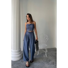 Ayena Moda Tencel Crop Askılı Bluz - Şalvar Pantolon Tk - Indigo