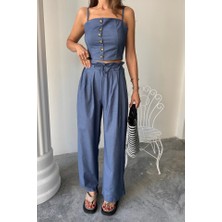 Ayena Moda Tencel Crop Askılı Bluz - Şalvar Pantolon Tk - Indigo