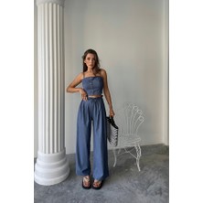 Ayena Moda Tencel Crop Askılı Bluz - Şalvar Pantolon Tk - Indigo