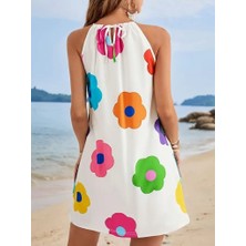 Ayena Moda Kadın Boyundan Askılı Kolsuz Çiçek Desenli Süprem Elbise