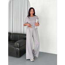 Ayena Moda Osy Modal Yumuşak Dokulu Kumaş Bisiklet Yaka T-Shirt  Bol Paça Pantalon Ikili Takım - Boyalı Gri