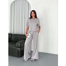 Ayena Moda Osy Modal Yumuşak Dokulu Kumaş Bisiklet Yaka T-Shirt  Bol Paça Pantalon Ikili Takım - Boyalı Gri