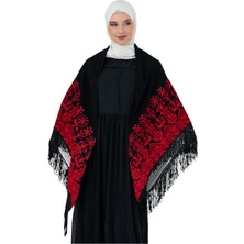 Siyah Rengi Geleneksel Kırmızı Nakışlı Işlemli Püsküllü 140*140  S300013