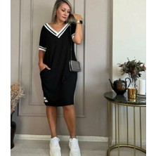 Ayena Moda Kadın Kısa Kollu V Yaka Ribana Detaylı Cepli Dizüstü Viskon Elbise