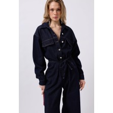 Ayena Moda Düğme Detaylı Denim Tulum