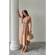 Ayena Moda Keten Elbise Kolsuz Bel Bağlamalı Maxi Elbise - Kahverengi