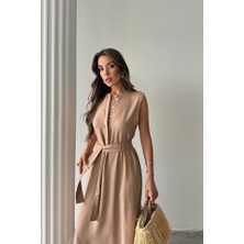 Ayena Moda Keten Elbise Kolsuz Bel Bağlamalı Maxi Elbise - Kahverengi