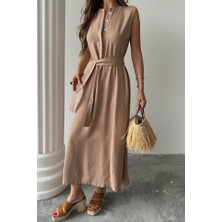 Ayena Moda Keten Elbise Kolsuz Bel Bağlamalı Maxi Elbise - Kahverengi