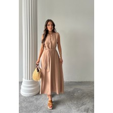 Ayena Moda Keten Elbise Kolsuz Bel Bağlamalı Maxi Elbise - Kahverengi