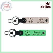 Sevgiline Ait Olan Tek Hediyelik – Üç Ayyıldız Motifli Kişisel Deri Anahtarlık, Pudra-Yeşil
