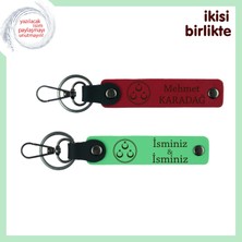 Üç Ayyıldızlı Isim Yazılabilir Deri Anahtarlık Takımı, Kişiye Özel 2’li Hediyelik Set, Kırmızı-Yeşil