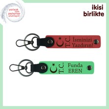 Vatan ve Bayrak Sevgisiyle Hazırlanmış, Ay Yıldız Tc, Kişisel Deri Anahtarlık Set, Nar - Yeşil